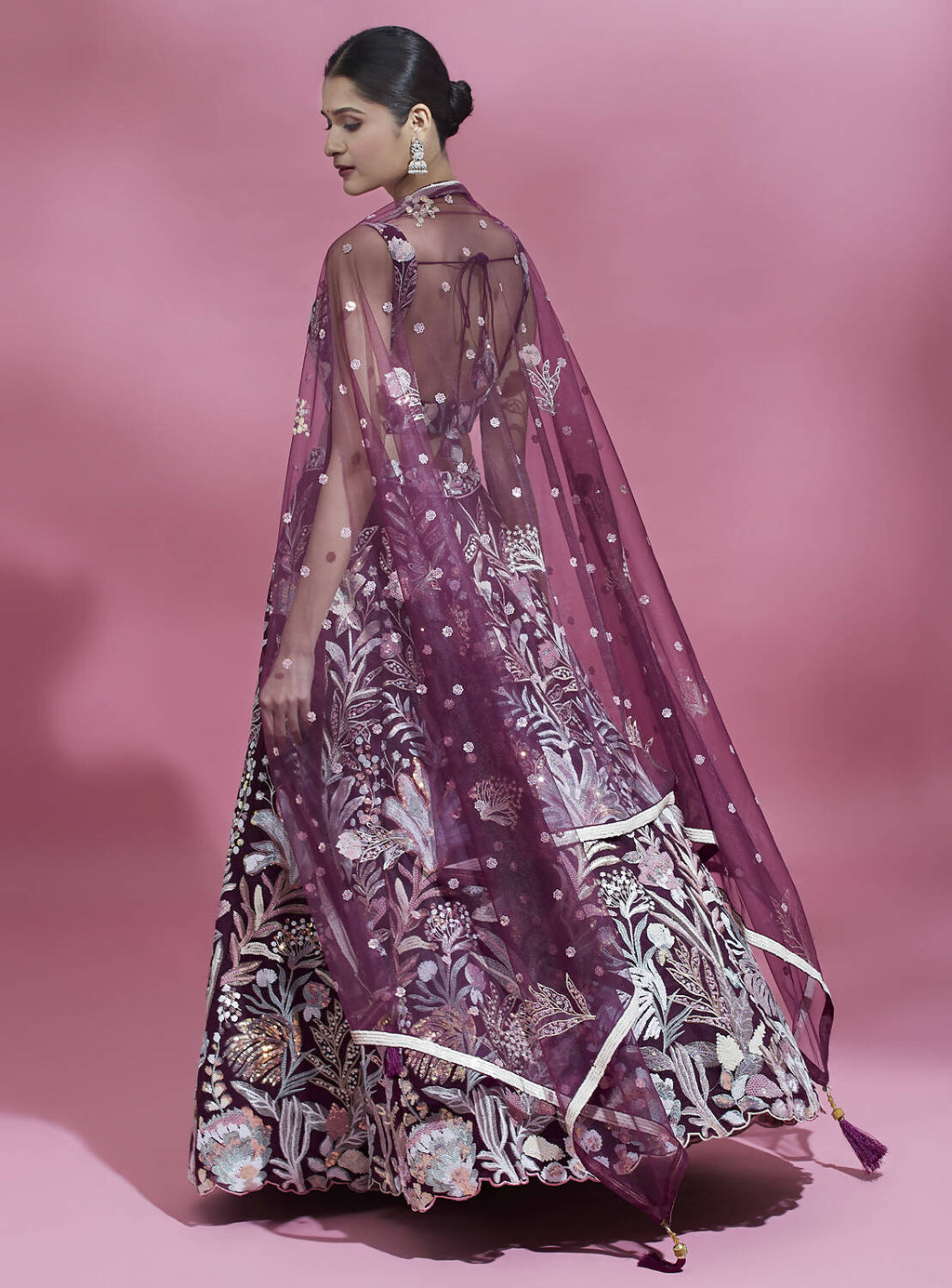 House of Panchhi Burgundy Net Sequinse Work Lehenga & Blouse with Dupatta