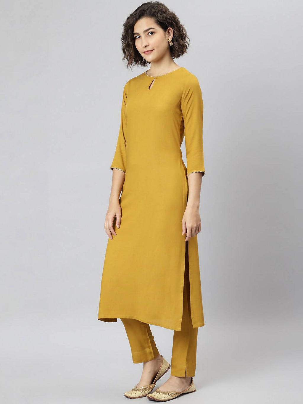 Janasya Mustard Yellow Regular Gotta Patti Kurta with Trousers & With Dupatta - Distacart