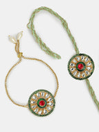 NVR Women & Men Set of 2 Gold Kundan-Studded Handcrafted Wraparound Rakhi Set With Roli Chawal & Chocolate - Distacart