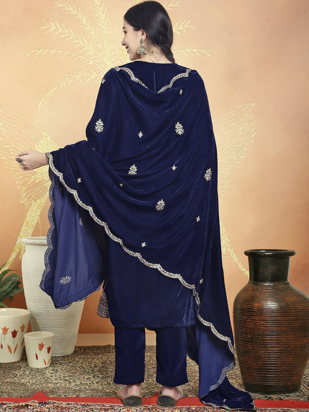 Jyoti Fashion Women's Navy Blue Velvet Cording with Resham Thread & Sequin Kurta with Trouser & Dupatta