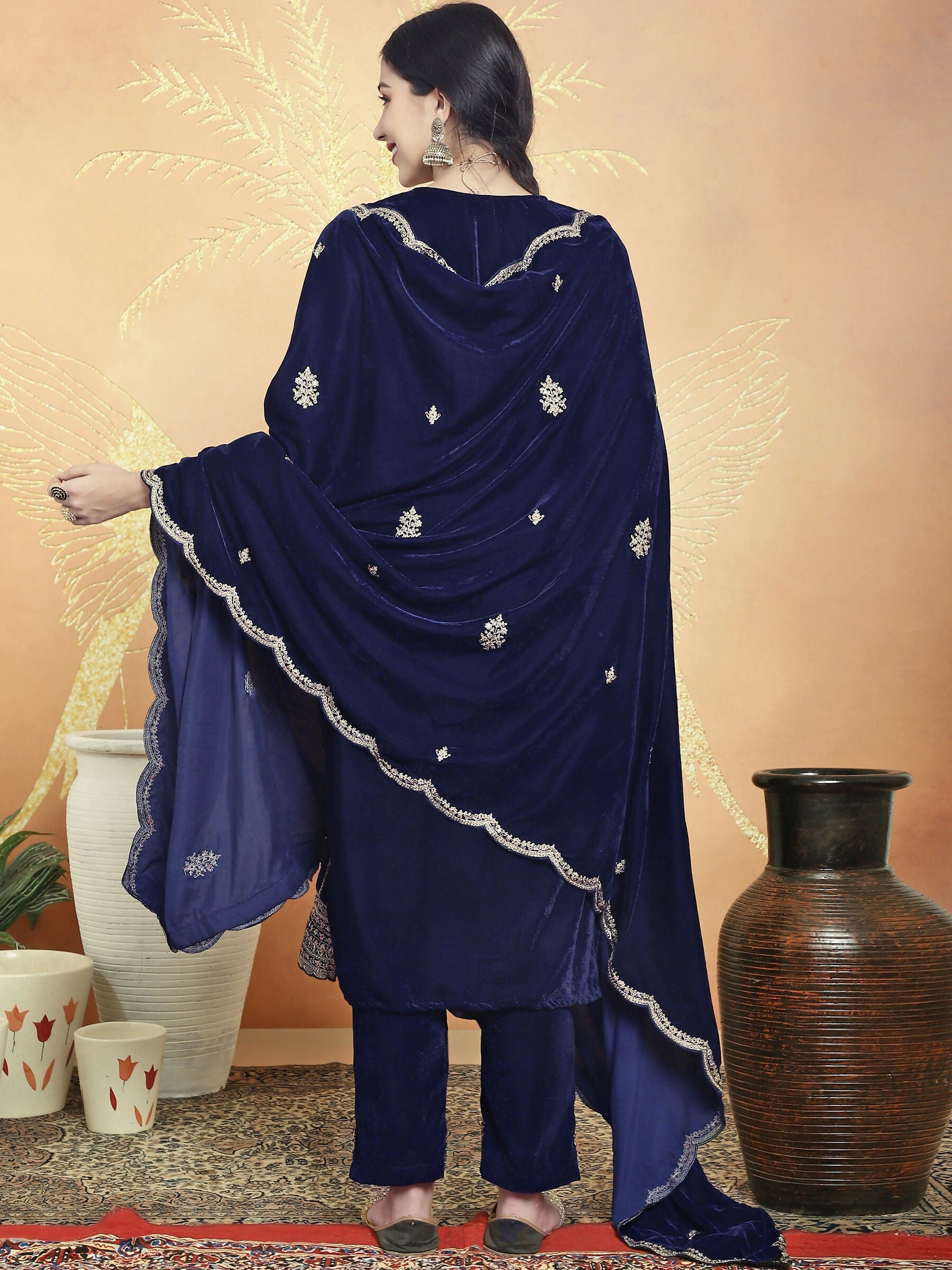 Jyoti Fashion Women's Navy Blue Velvet Cording with Resham Thread & Sequin Kurta with Trouser & Dupatta
