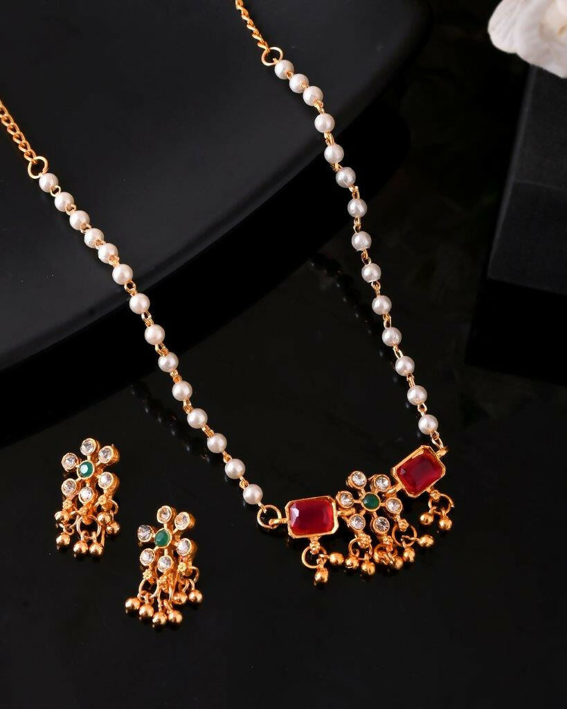 VOJ Gold-Polished Traditional Flower Shaped Copper Jewellery Set