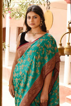 Joban Fashion Teal Green Crepe Chiffon Pure Handloom Banarasi Silk Saree