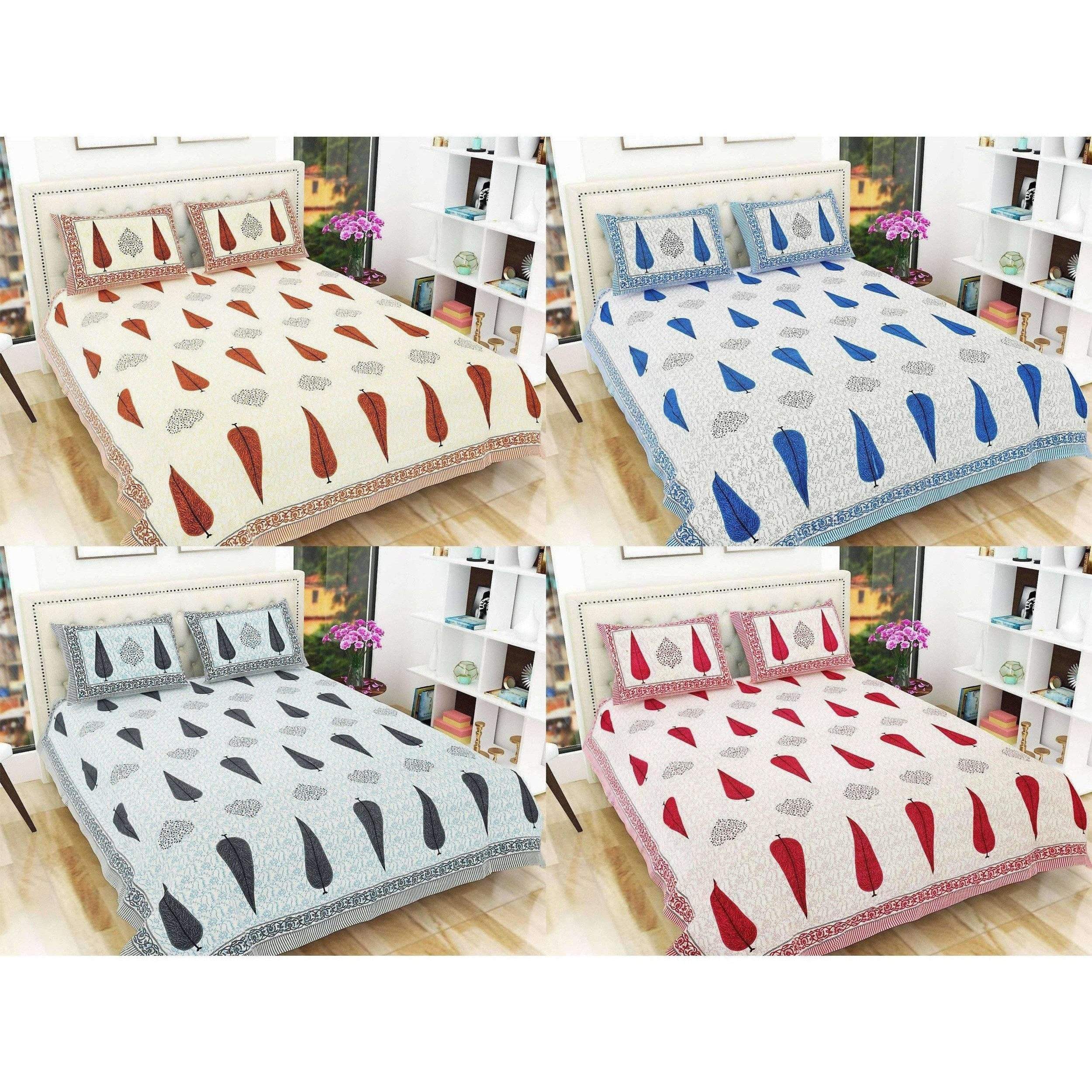 Queen Size 90x108 Inches Jaipuri Sanganeri Print Flat Bed Sheet Bedspread with 2 Pillowcases