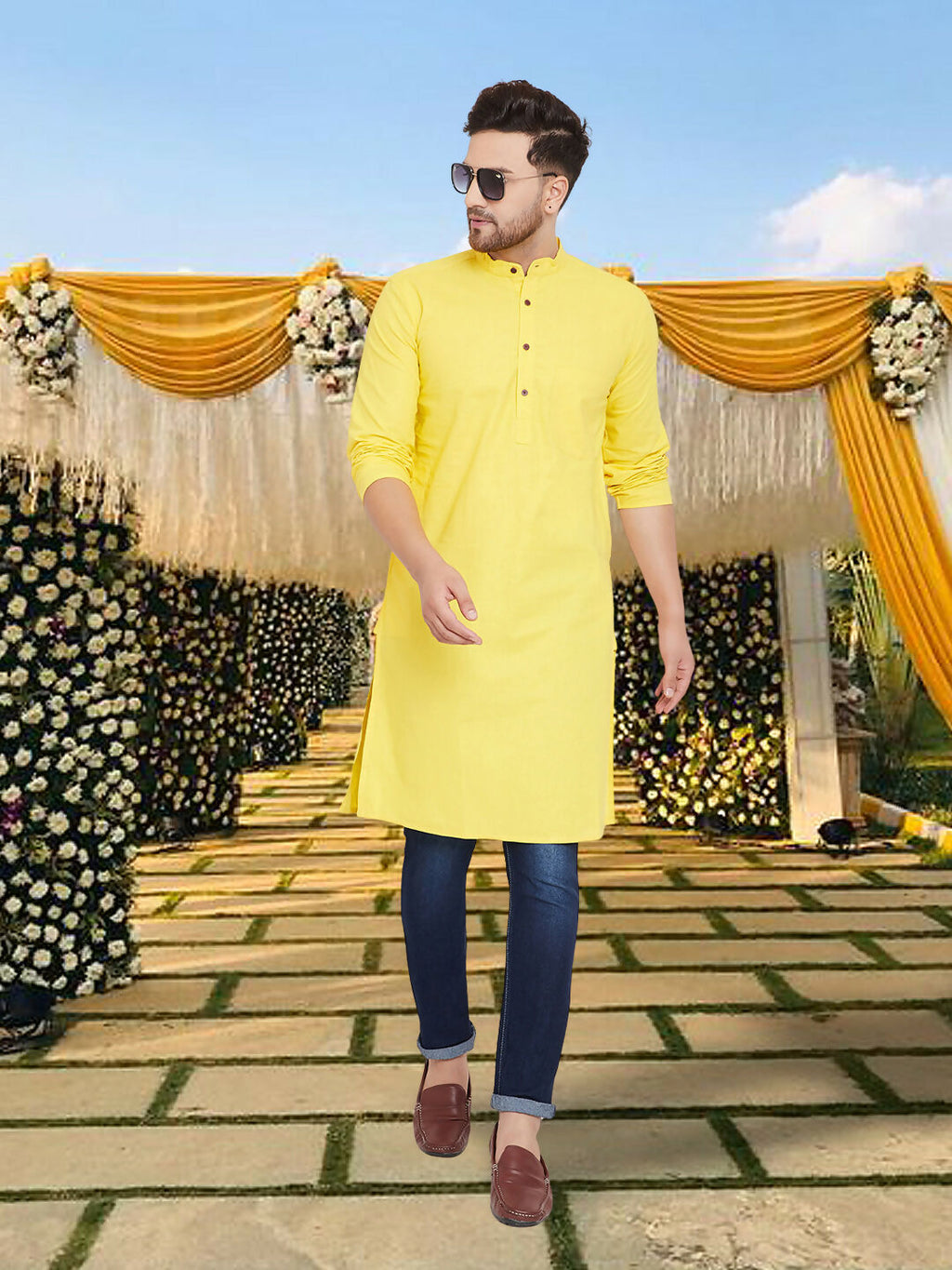 Even Apparels Men's Pure Cotton Yellow Kurta