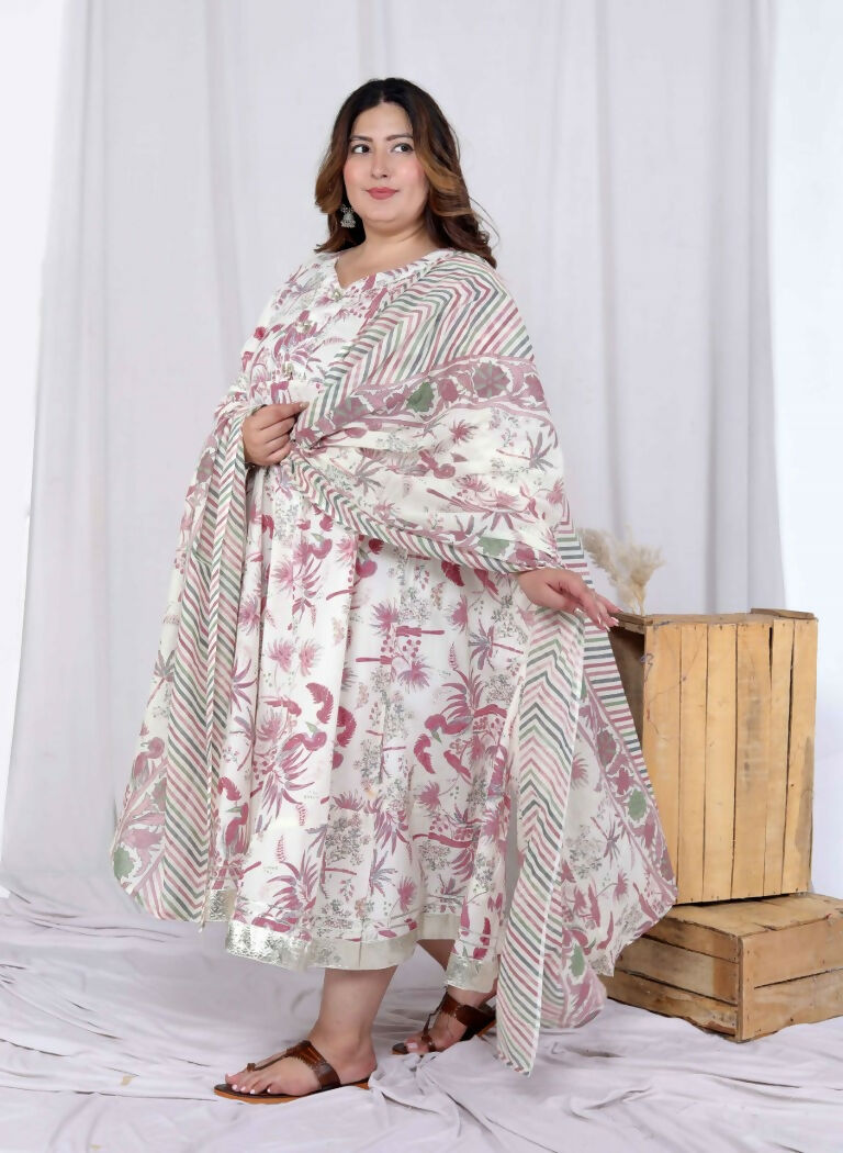 Miravan Women's Plus Size Light Pink Floral Printed and Anarkali Kurta with Dupatta