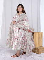 Miravan Women's Plus Size Light Pink Floral Printed and Anarkali Kurta with Dupatta