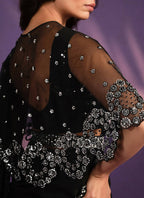 Black Crepe Satin Silk Embroidered Saree With Stitched Blouse - Mohmanthan Exotica
