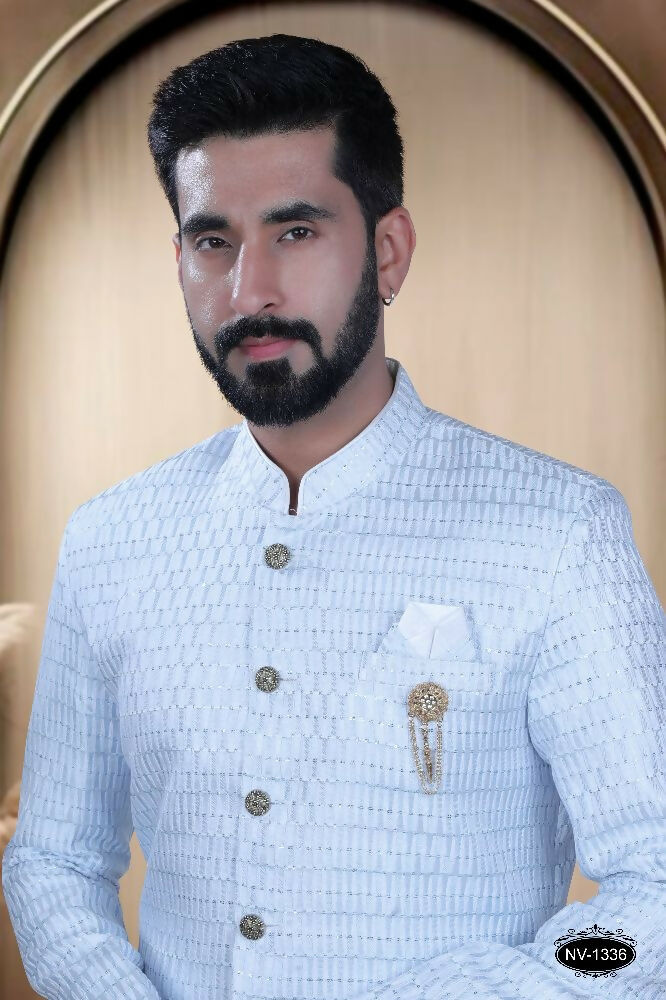 Joban Fashion Men's Blue & White Cotton Silk Kurta with Pyjama