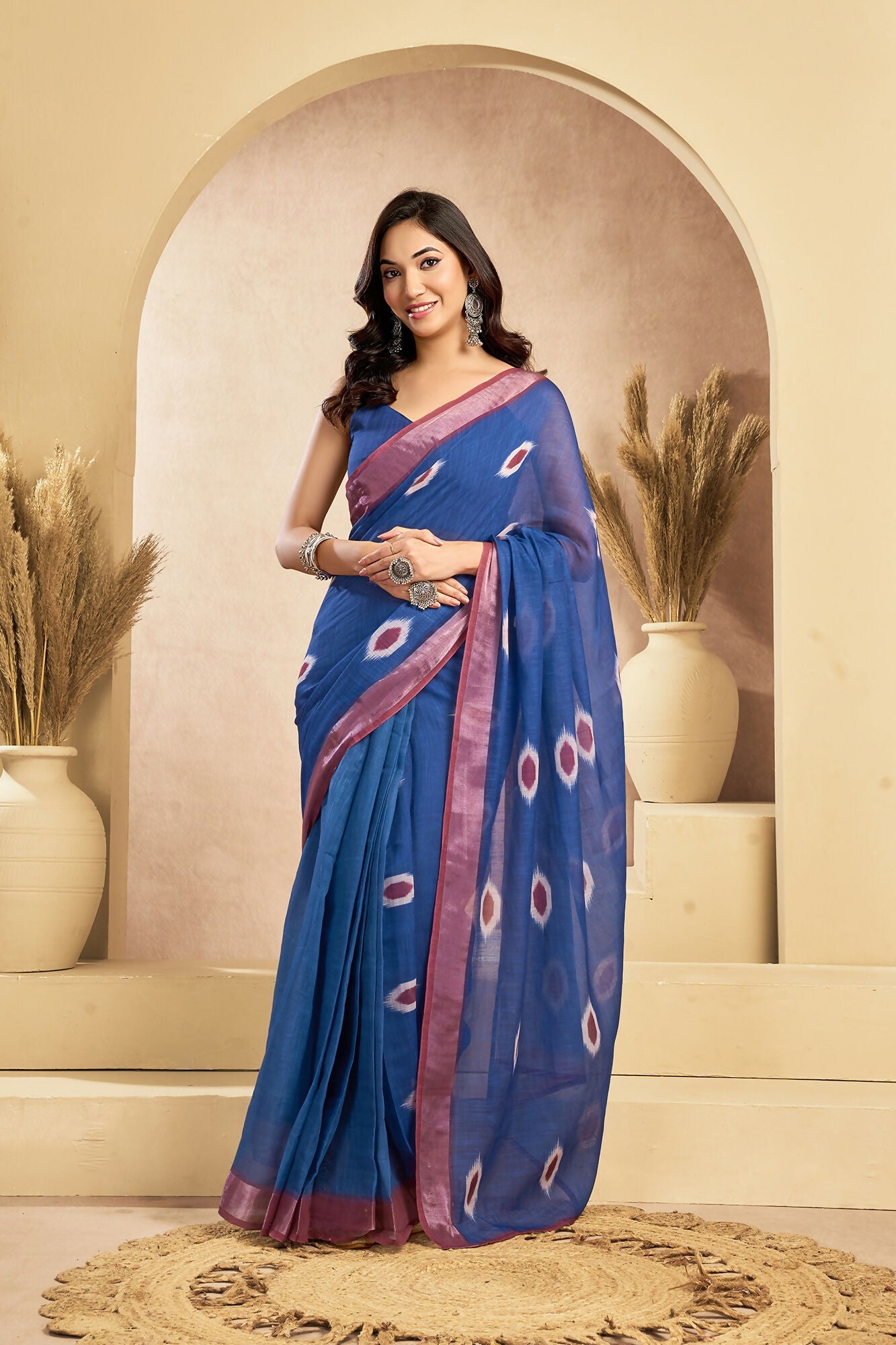 Vastranavya Blue Digital Printed Linen Ready To Wear Pocket Saree with Unstitched Blouse - Distacart