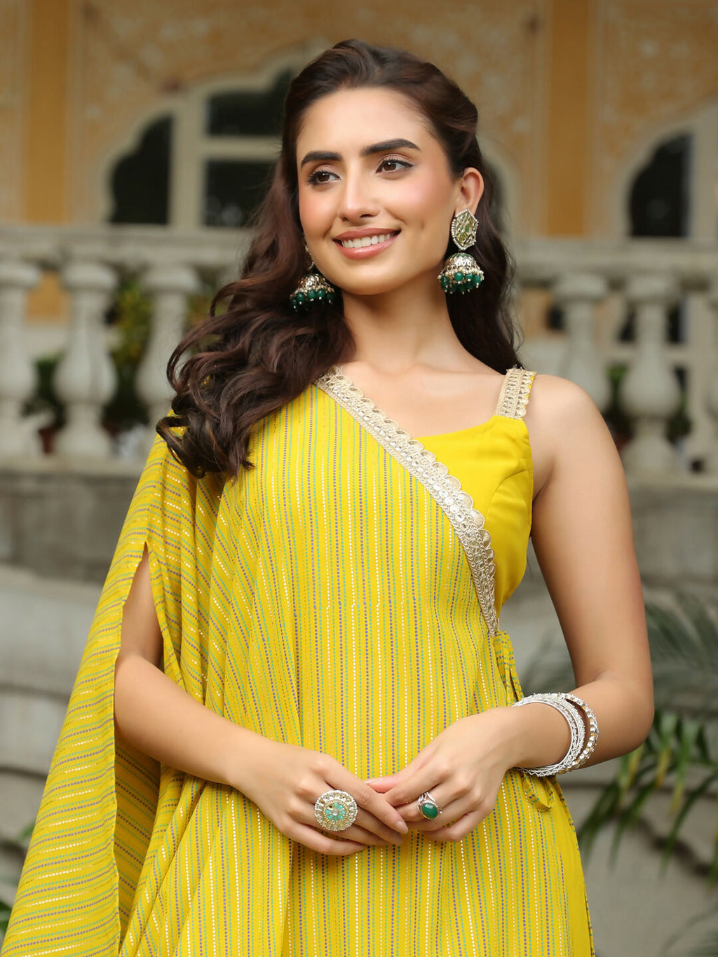 Janasya Yellow Georgette Solid Top Bottom Cape