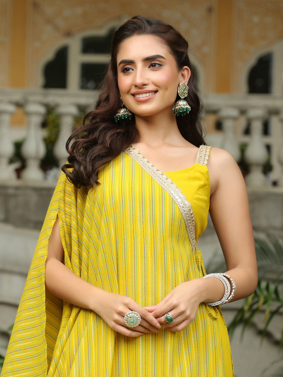 Janasya Yellow Georgette Solid Top Bottom Cape