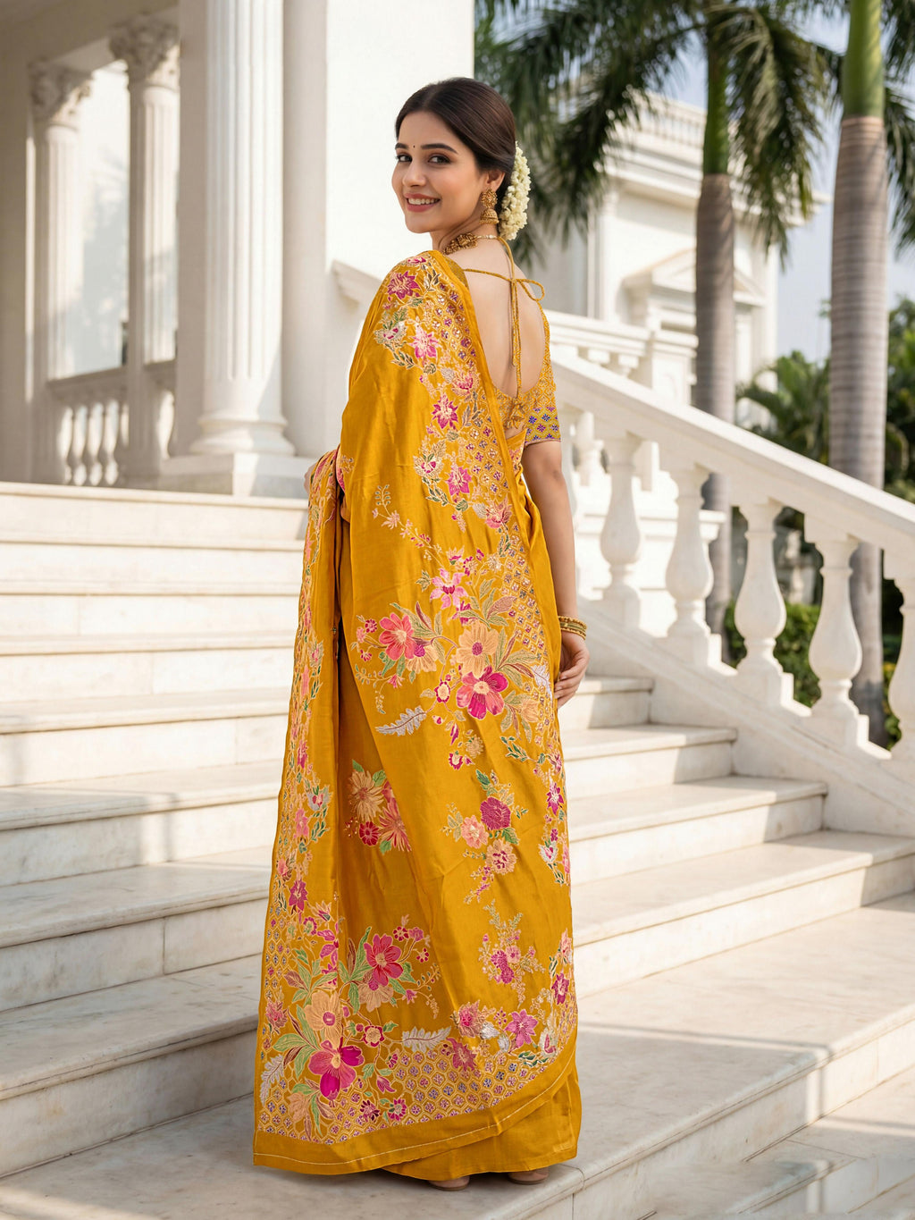 Aastha Fashion Mustard Premium Russian Silk Designer Floral Position Print Saree - Distacart