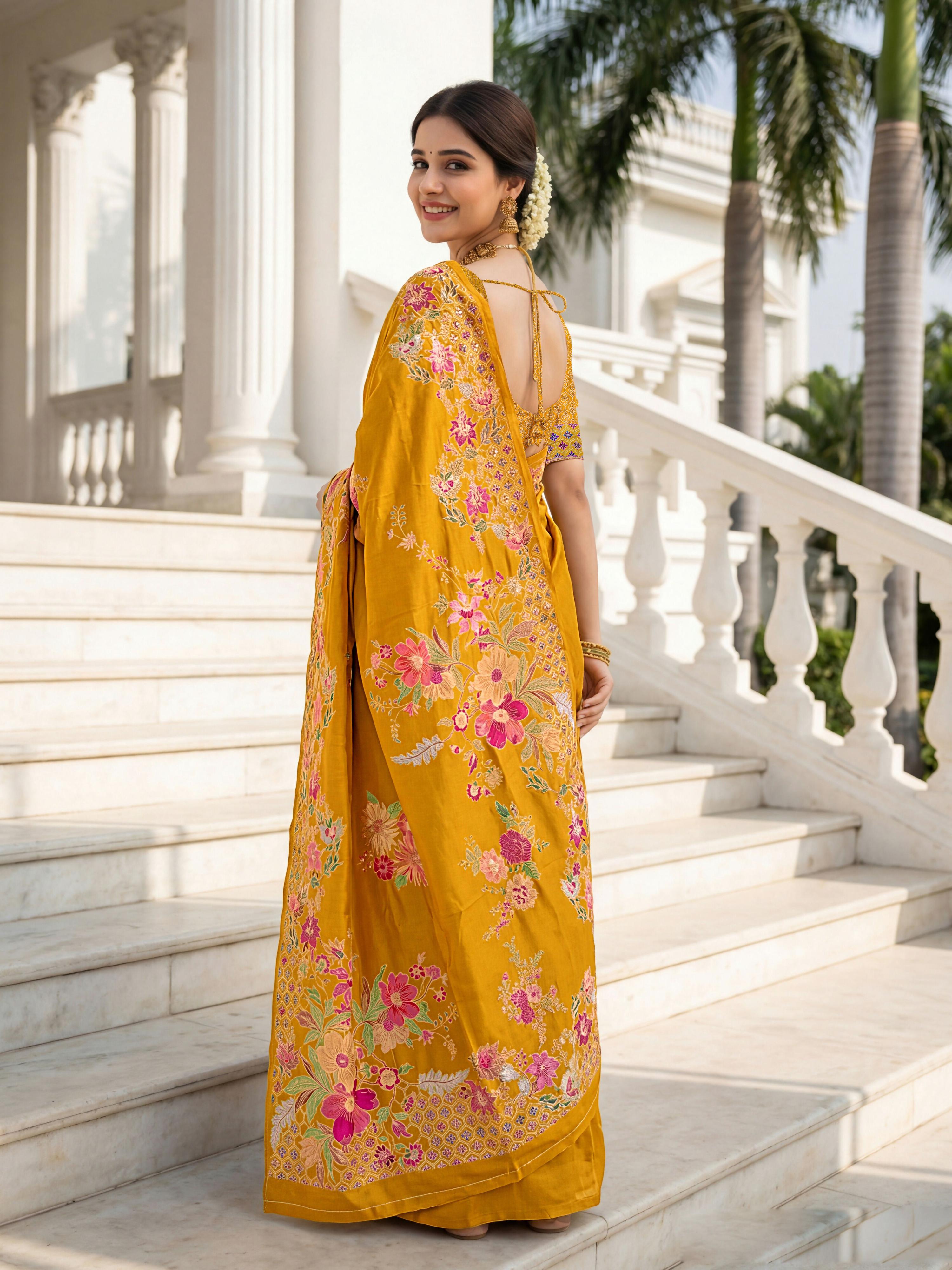 Aastha Fashion Mustard Premium Russian Silk Designer Floral Position Print Saree - Distacart