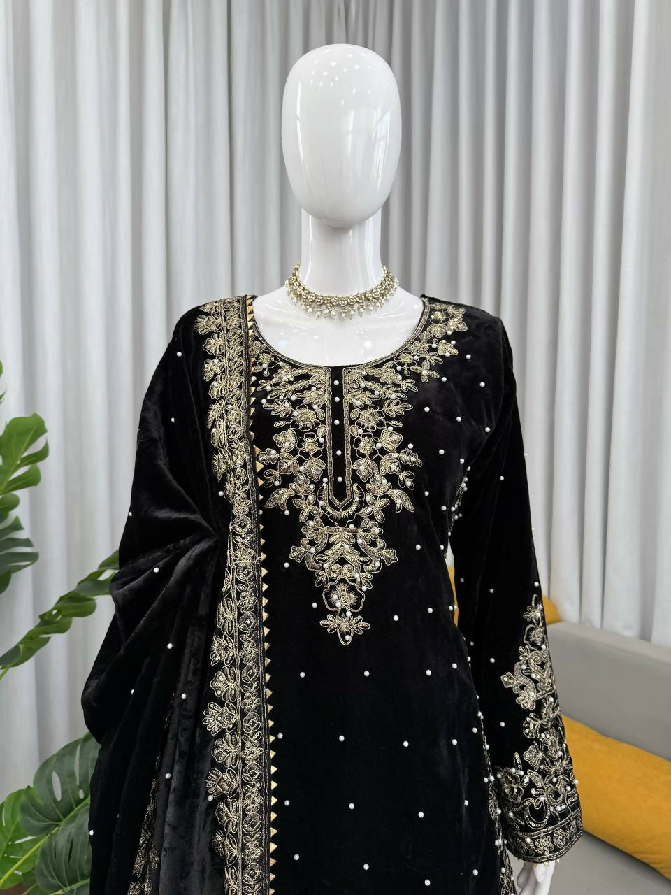 Vastranavya Black Viscose Velvet Cording Sequence With Moti Work Top-Bottom With Dupatta - Distacart
