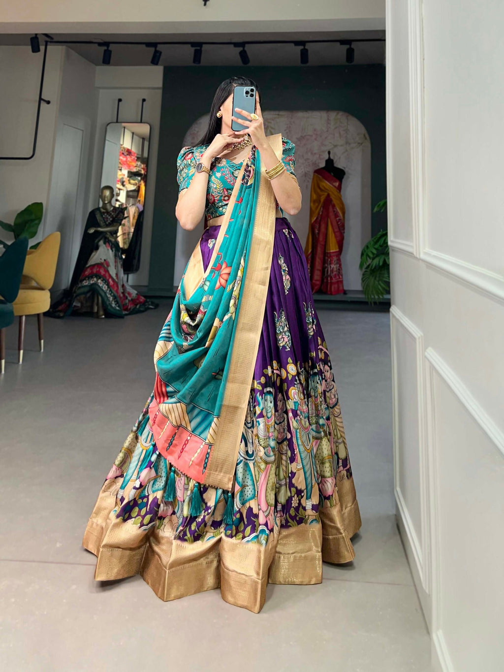 Vastranavya Kalamkari Print With Weaving Border Lehenga with Unstitched Blouse - Purple