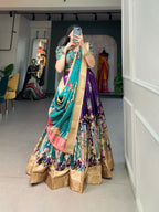 Vastranavya Kalamkari Print With Weaving Border Lehenga with Unstitched Blouse - Purple