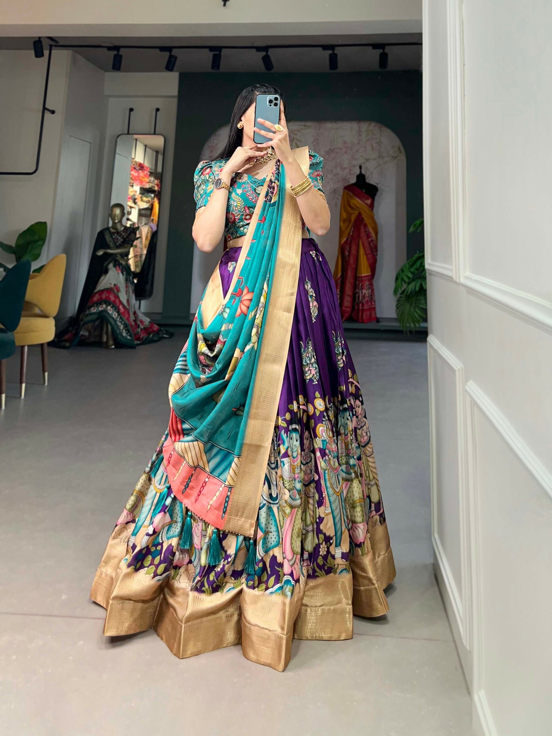 Vastranavya Kalamkari Print With Weaving Border Lehenga with Unstitched Blouse - Purple