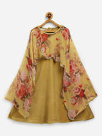 Ahalyaa Mustard Velvet Kids Dress With Attached Dupatta For Girls