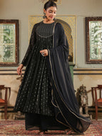 Janasya Black Georgette Foil Print Kurta,Bottom & Dupatta