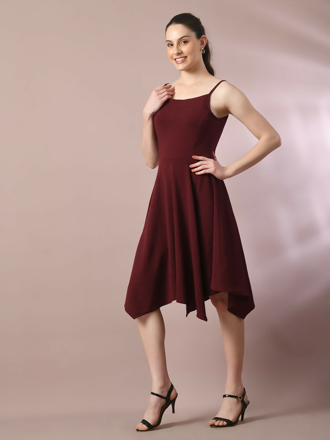 Myshka Women's Maroon Solid Shoulder Straps Fit and Flare Party Dress - Distacart