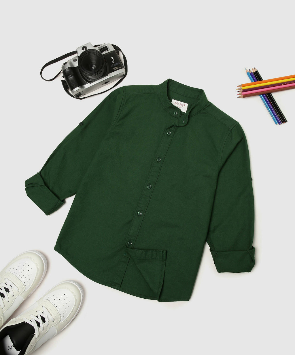 Manet Boys Mandarin Collar Full Sleeves Melange Shirt - Green