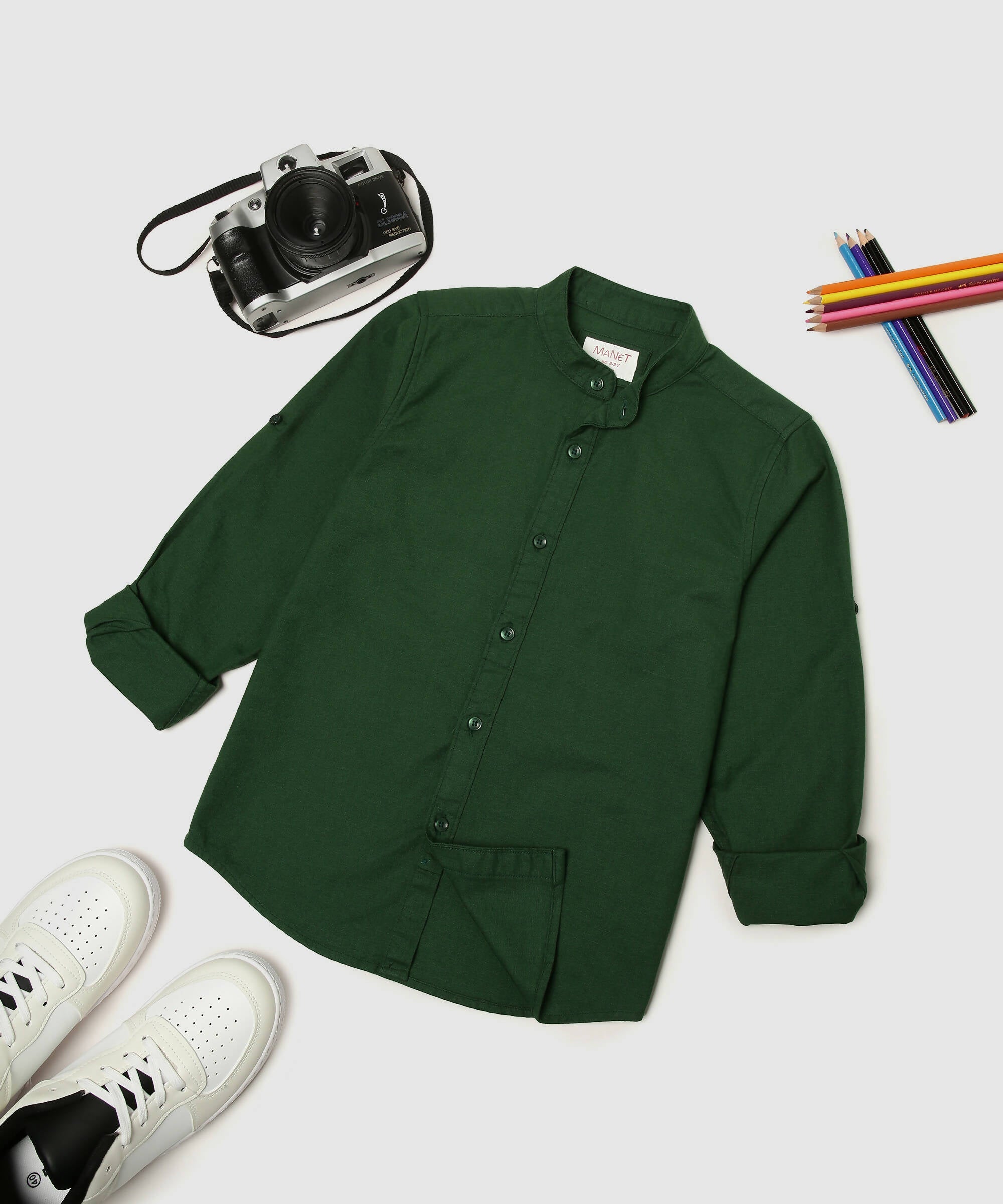 Manet Boys Mandarin Collar Full Sleeves Melange Shirt - Green