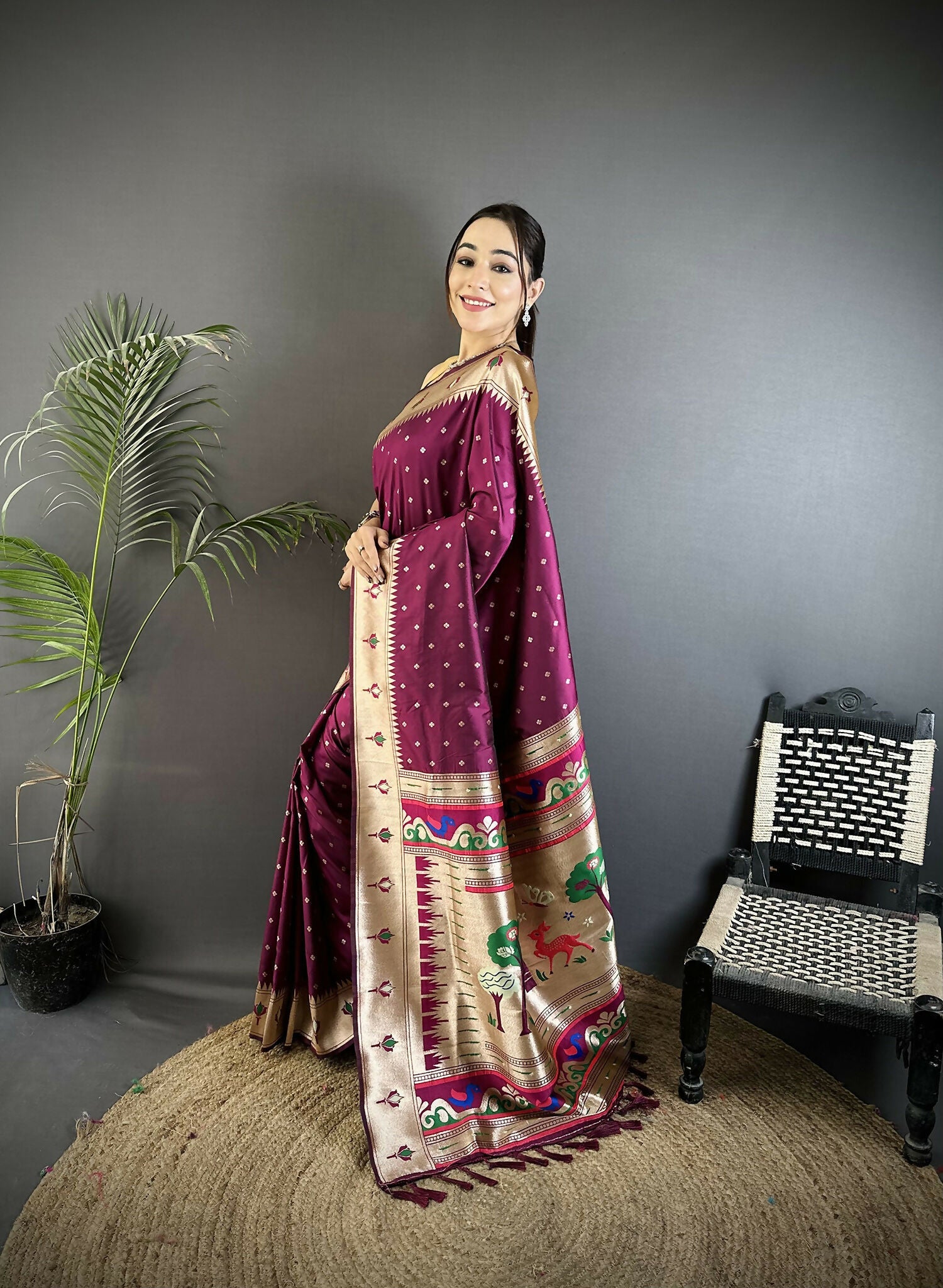 Joban Fashion Wine Peacock & Floral Motifs Soft Lichi Silk Kanchipuram Saree - Distacart