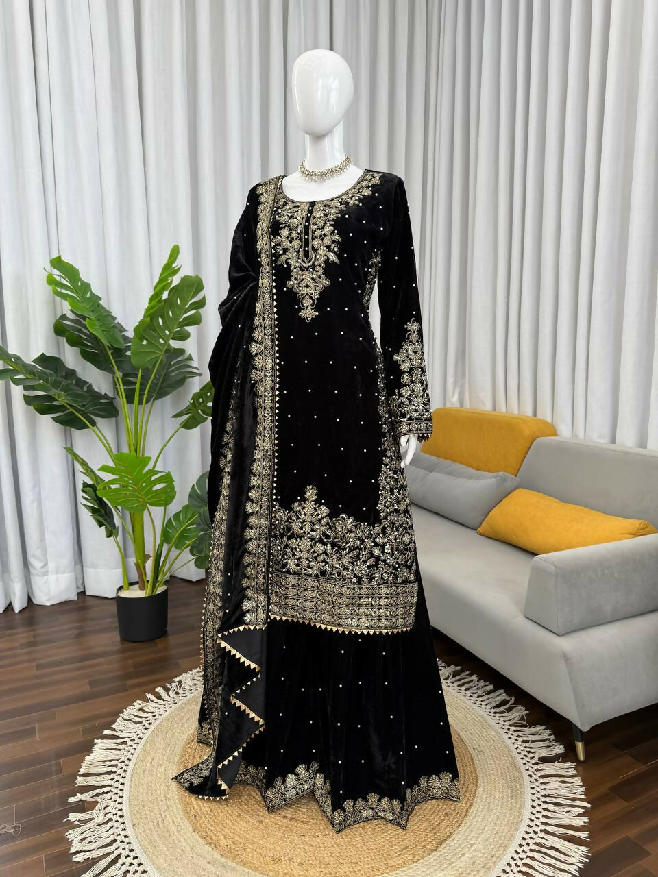 Vastranavya Black Viscose Velvet Cording Sequence With Moti Work Top-Bottom With Dupatta - Distacart