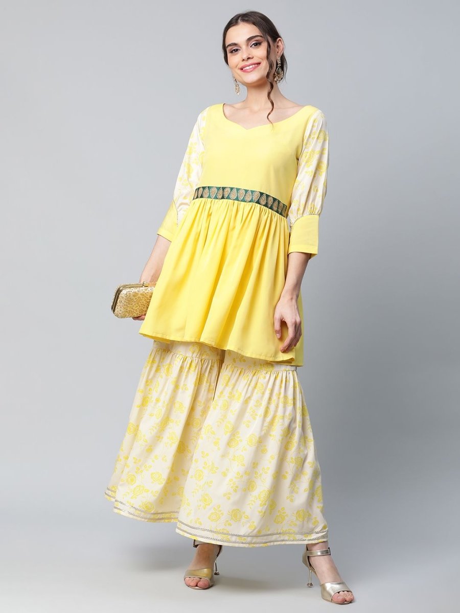 Ahalyaa Women Yellow Crepe Floral Short Kurta with Sharara Set - Distacart