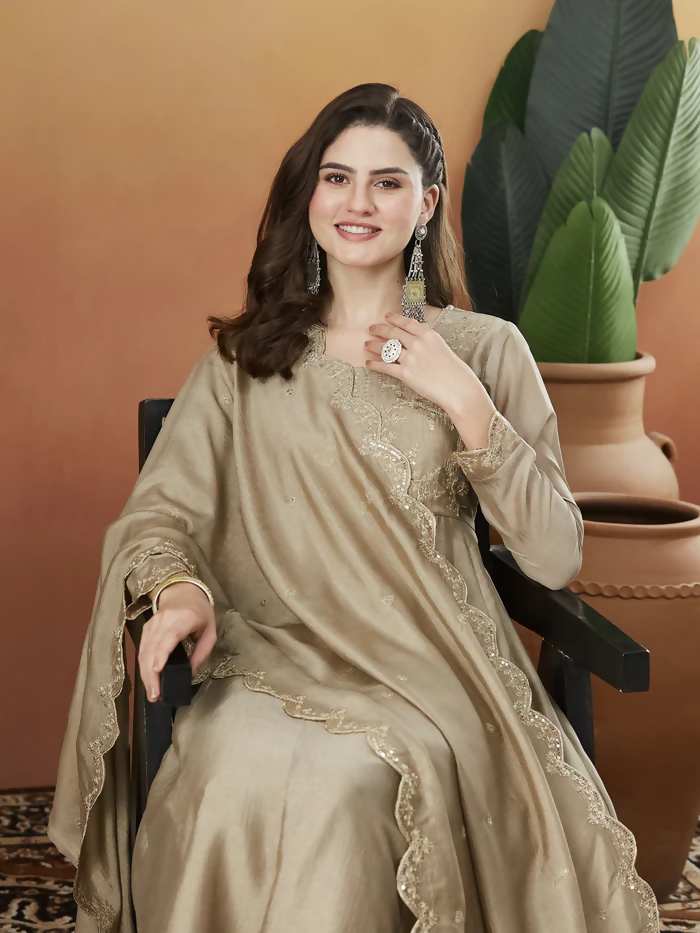 The52 Chiku Women's Beautiful Vichitra Silk Fabric Embroidered Work Flared Anarkali Pant and Dupatta Set - Distacart