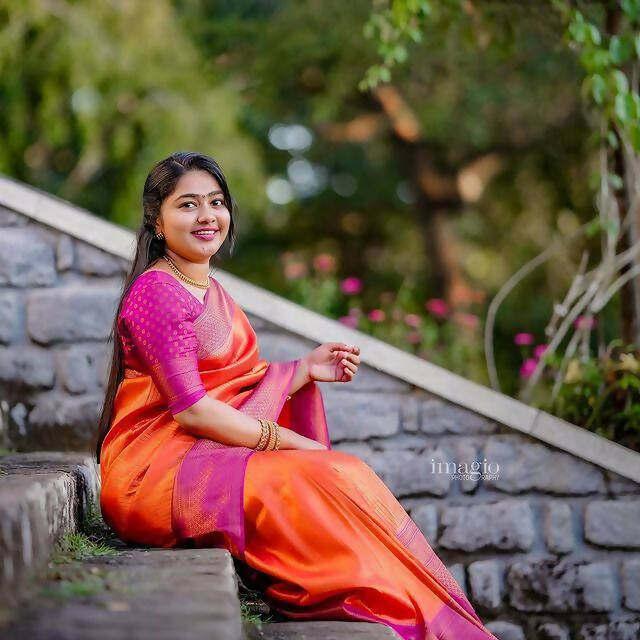 DEIANA'S Beautiful Designer Golden zari Soft Lichi Silk Saree - Orange