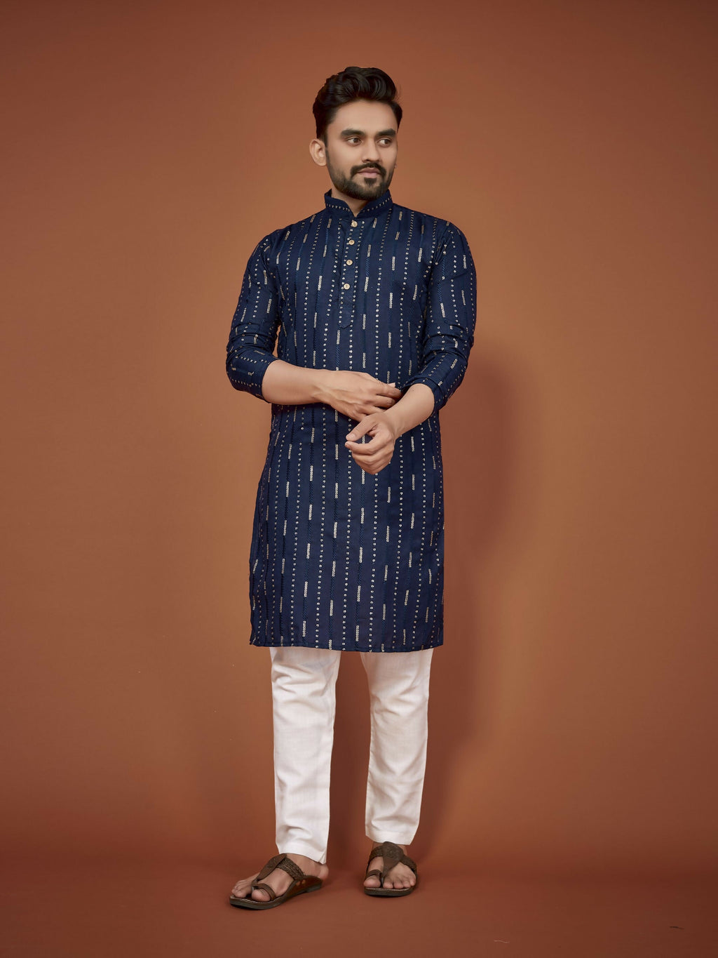 Anaita Navy Blue Embroidered Cotton Straight Kurta