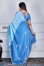 Morchari Sky Blue Crepe Hand Embroidery Saree And Stitched Blouse - Distacart
