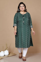 Miravan Women's Plus Size Rayon Bandhani Print Straight Kurta Green