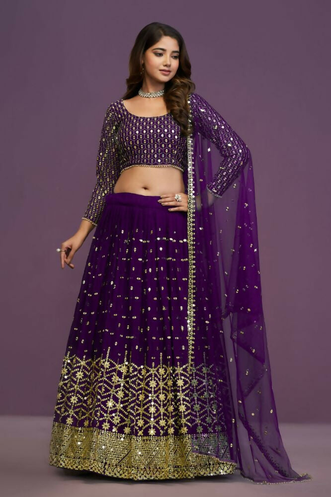Purple Georgette Embroidery Sequence Work Lehenga Choli Set - Jihu Culture