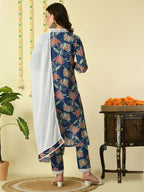Myshka Women's Blue Pure Cotton Kurta & Trousers With Dupatta Party Sets
