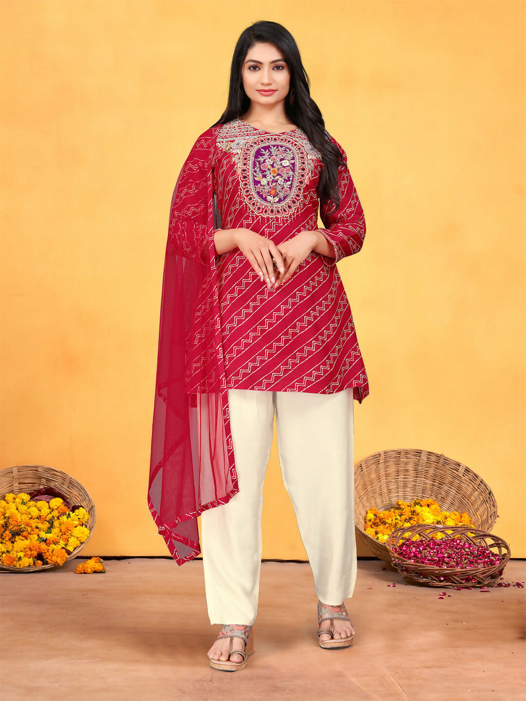 Joban Fashion Red Cotton Premium Pure Viscose Print Dola With Handwork Kurta set