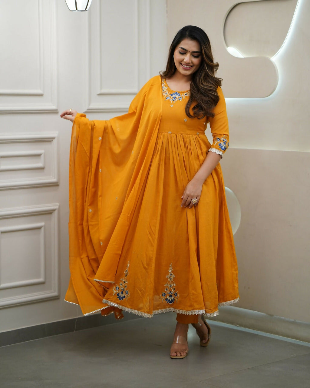 The52 Orange Women's Gorgeous Viscose Fabric Embroidered Work Flared Kurta Pant and Dupatta Set - Distacart