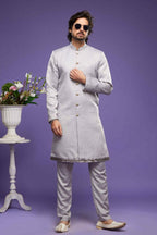 Raivat Ethnic Art Banarasi Silk Thread Work Kurta Pajama In Grey Colour