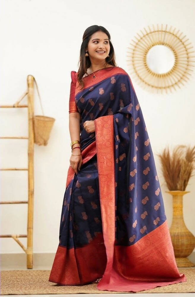 DEIANA'S Beautiful Designer Golden zari Soft Lichi Silk Saree - Blue