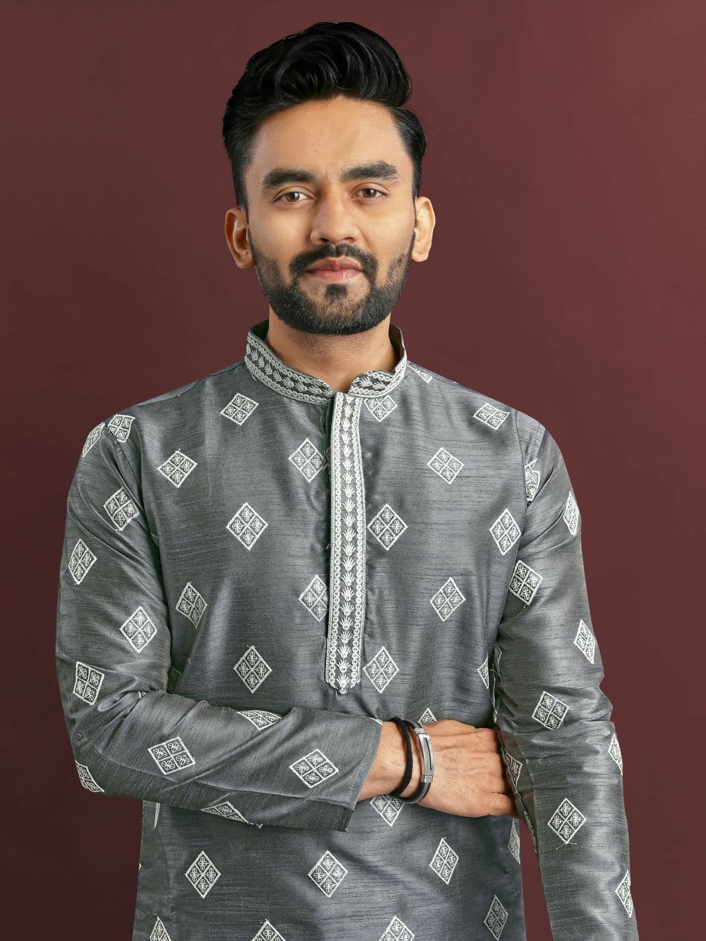 Anaita Grey Embroidered Silk Straight Kurta