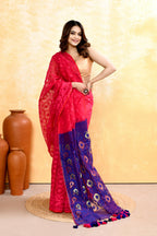 Piyari Fashion Women's Rani Pink Embellished Cotton Blend Jamdani Saree - Distacart