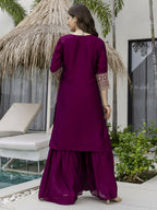 The52 Wine Beautiful Embroidered Vichitra Silk Fabric Straight Kurta, Palazzo and Dupatta Set - Distacart