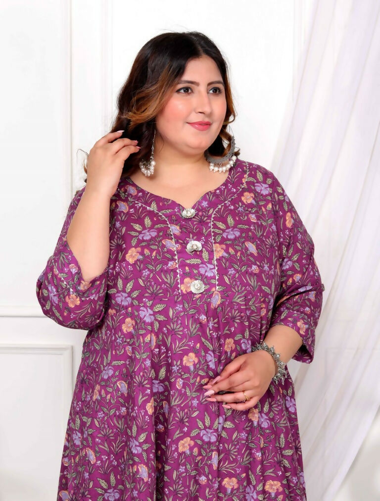 Miravan Women's Plus Size Cotton Gota Patti And Lace Border Details Floral Printed Purple Anarkali Kurta