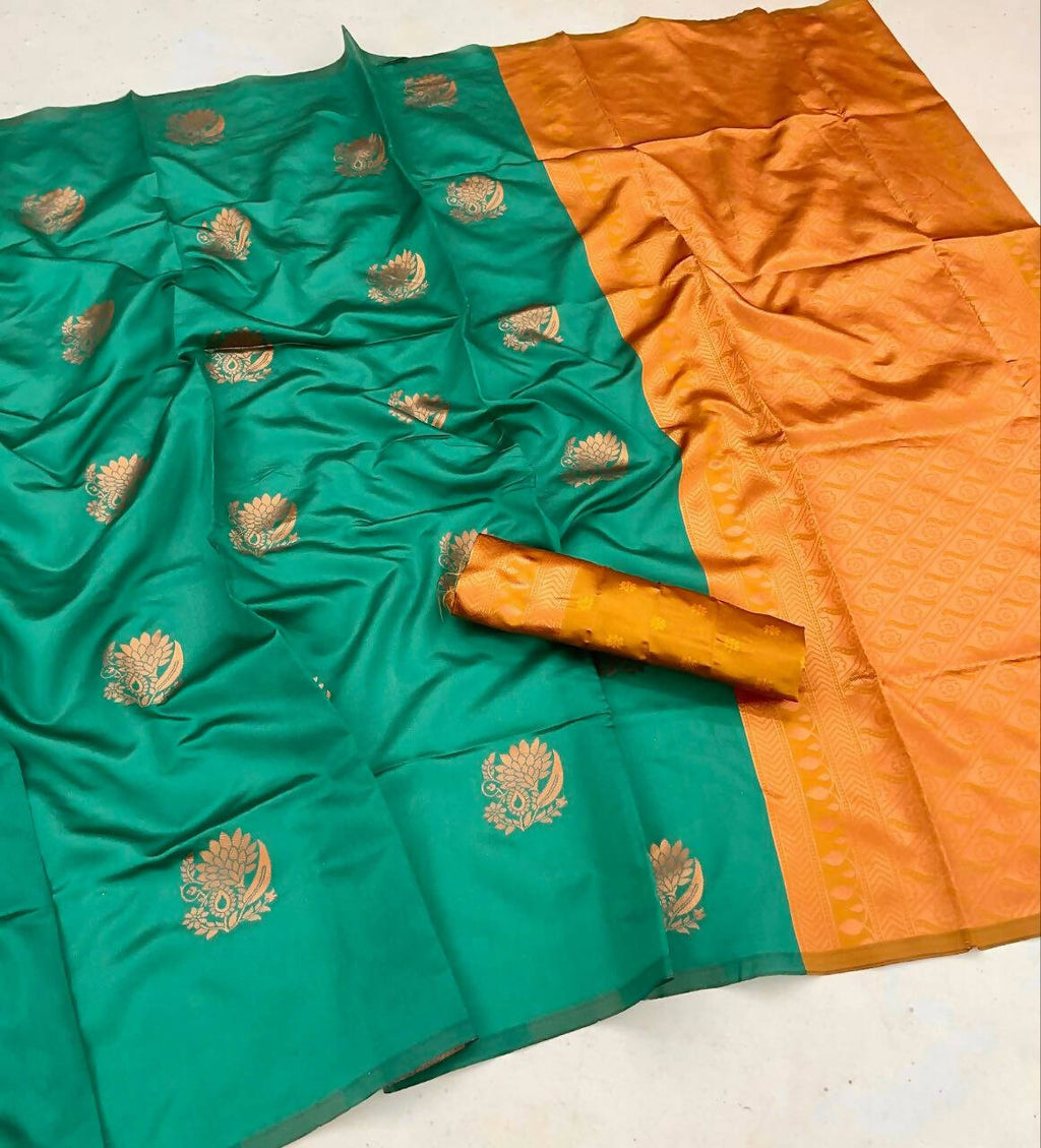 DEIANA'S Beautiful Designer Golden zari Soft Lichi Silk Saree - Rama