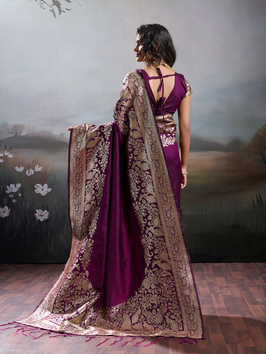 Shree Shyam Fashion Wine Silk Blend Saree - Distacart