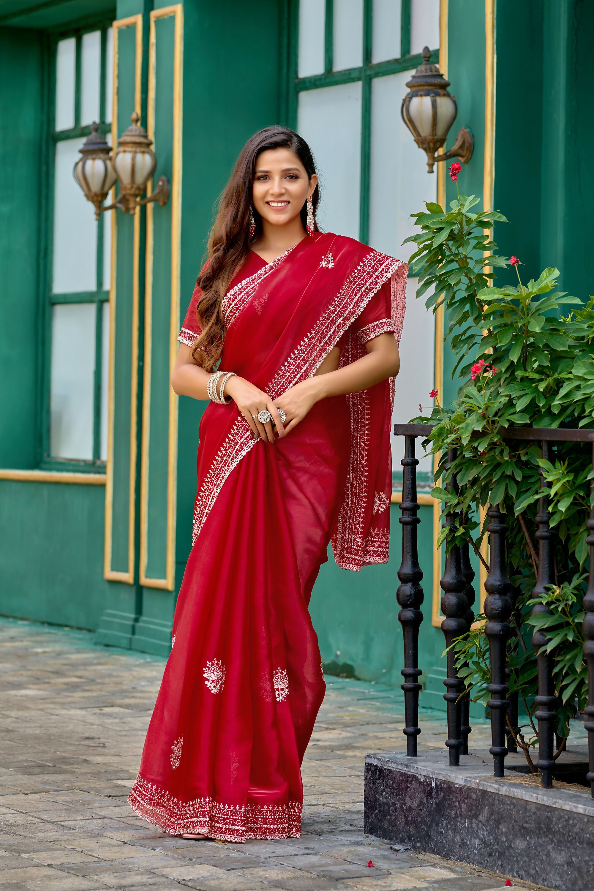 Vastranavya Red Embroidery Work Shimmer Chiffon Saree with Unstitched Blouse - Distacart