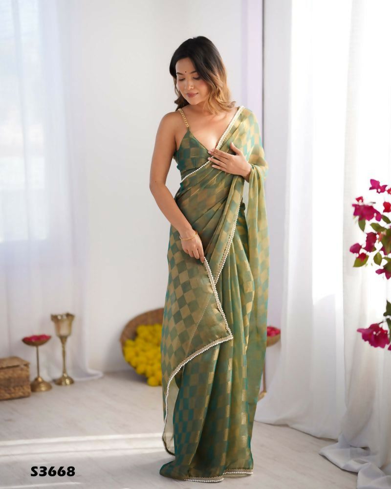 NC Chiffon Chex Wevon Chex Designer, Lace Party Wear Saree - Green