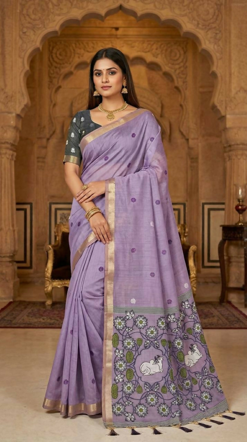 Vastranavya Lavender Muga Cotton Meenakari & Azarakh Pallu Saree with Contrast Blouse - Distacart
